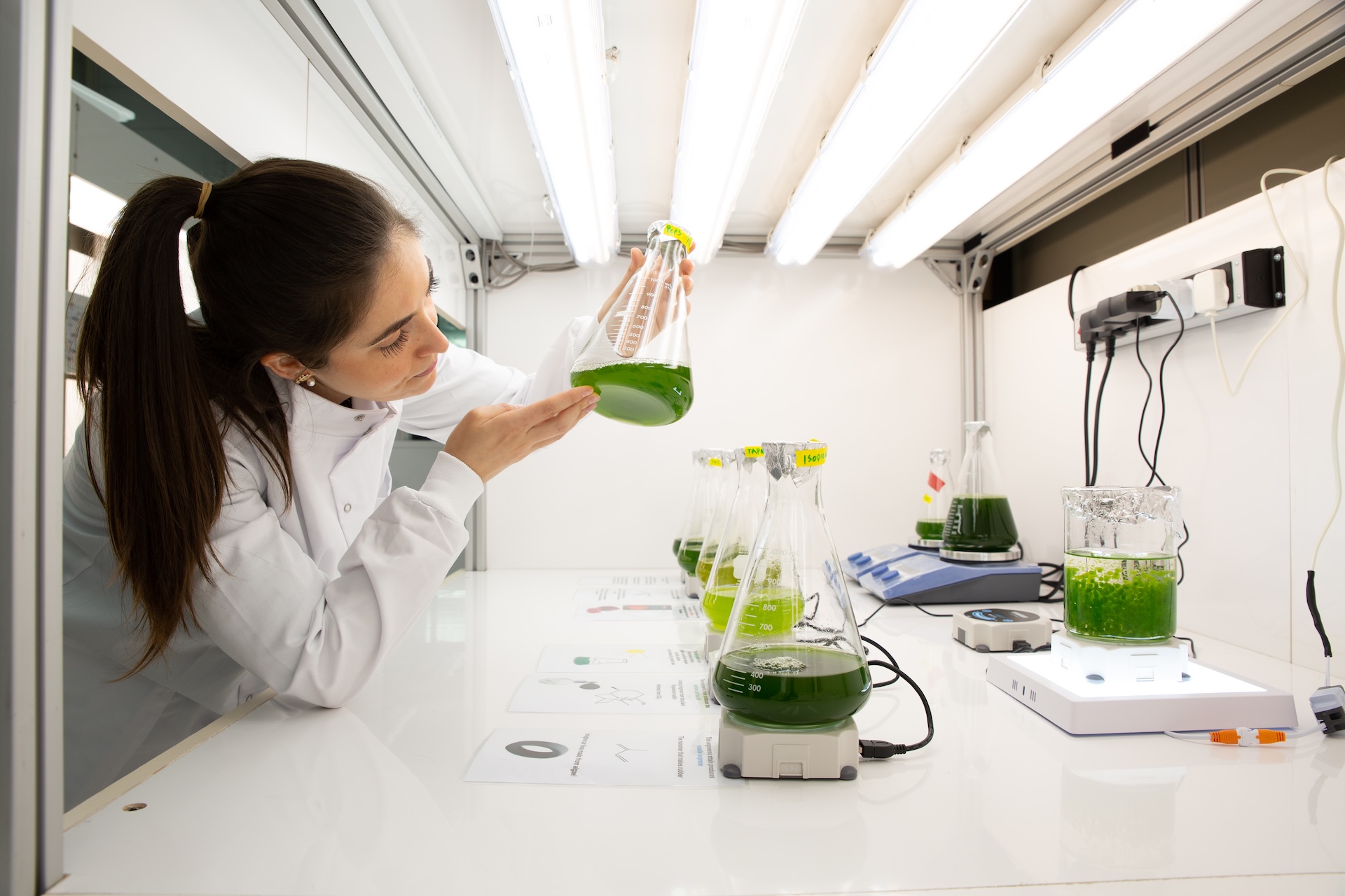 A researcher in protective equipment examining a tissue culture flask in the laboratory.