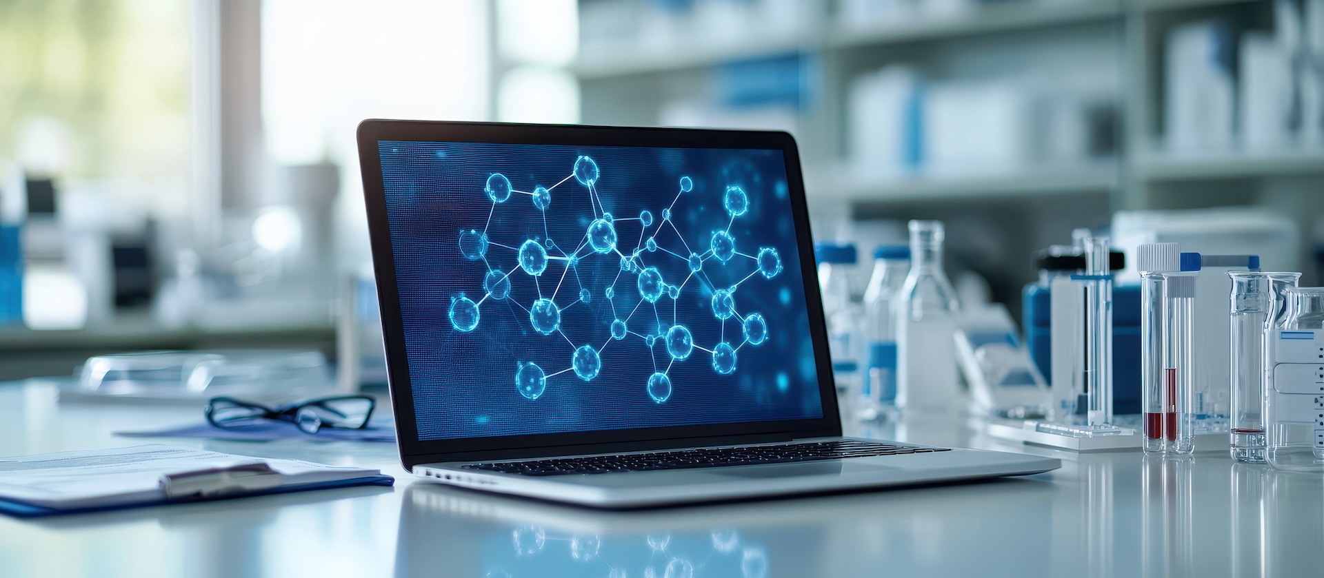 A laptop in a laboratory showing a digital visualization of scientific data.