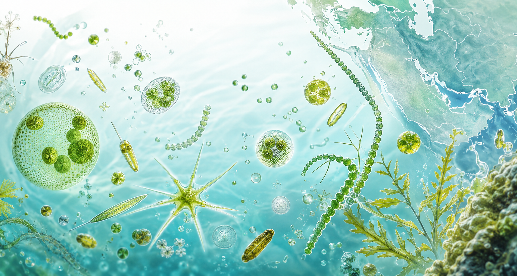 Illustration of diverse microalgae and cyanobacteria cells suspended in bright coastal water.